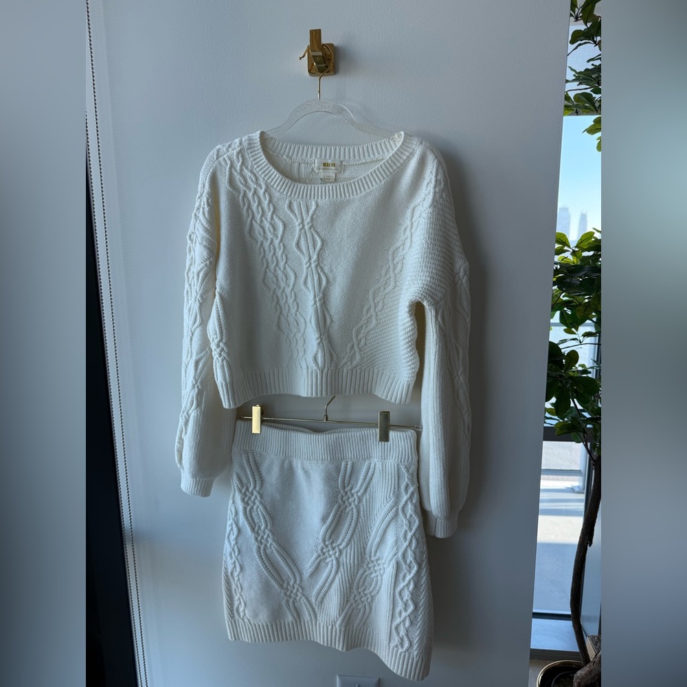 Anthropologie Maeve Cream Cable Knit Sweater & Skirt
